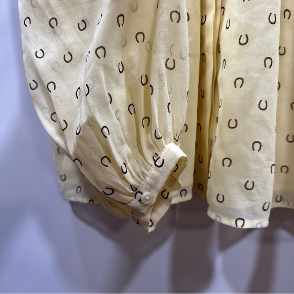 Ann Taylor Horseshoe V-Yoke Tie Neck Hidden Button Blouse Yellow S Equastrian - Picture 5 of 11